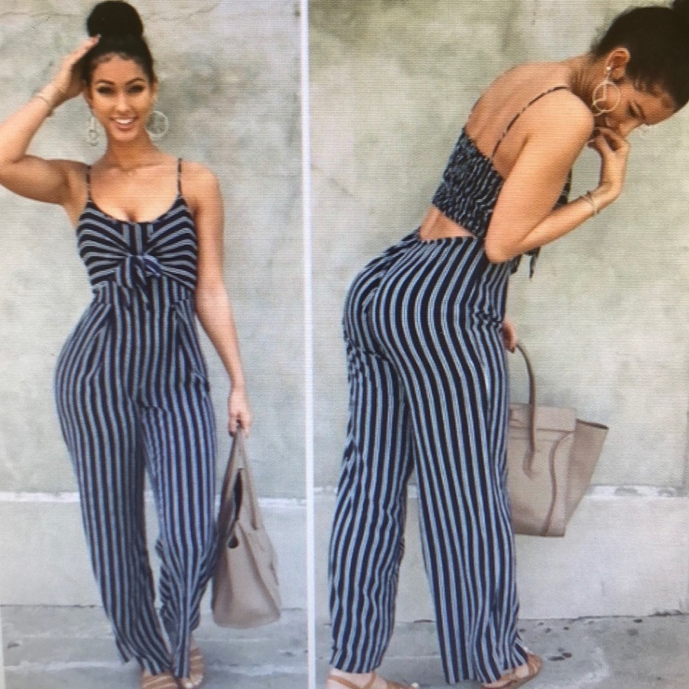 White & Navy Striped Jumpsuit